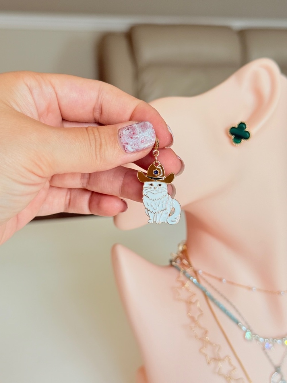 Cute White Cat Cowboy Charm Women’s Jewelry